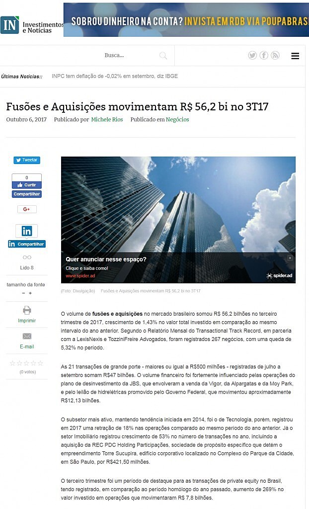 Fuses e Aquisies movimentam R$ 56,2 bi no 3T17